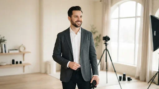 A professional and warm portrait of a male photographer in his late 30s, Alexander Noir, wearing a tailored charcoal blazer and a minimalist white shirt. He is standing in a brightly lit, minimalist studio with high-key lighting. The aesthetic is clean, luxurious, and editorial, reflecting a light-mode color palette with soft cream backgrounds and pristine whites. He has a kind, confident expression, looking slightly away from the camera.