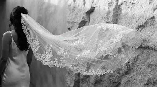 A high-fashion, editorial-style black and white photograph of a bridal veil caught in a gentle breeze against a minimalist stone wall. The lighting is dramatic and directional, casting soft shadows that highlight the intricate lace texture. The overall mood is quiet, luxury, and archival, fitting for a premium photography studio aesthetic.
