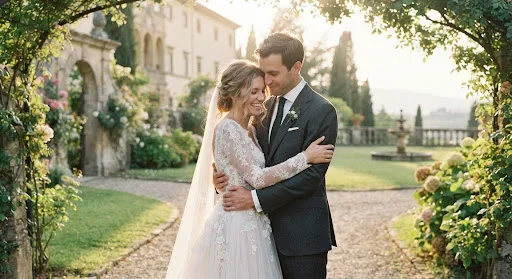 A cinematic, high-end wedding portrait of a couple embracing in a lush, sun-drenched European estate garden. The lighting is golden hour, soft and ethereal, casting long shadows across the manicured lawn. The bride wears a bespoke lace gown, and the groom is in a tailored charcoal suit. The image has an editorial, archival quality with subtle grain and a soft-focus background, emphasizing the emotional intimacy and timeless luxury of the moment.