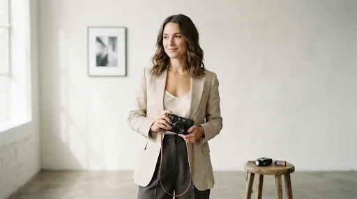 A refined, minimalist portrait of a professional photographer in a soft-lit, airy studio environment. The photographer is dressed in high-end, neutral-toned editorial clothing, holding a classic film camera with a leather strap. The background is a clean, off-white gallery wall with soft shadows. The overall aesthetic is sophisticated, professional, and artistic, reflecting an editorial luxury wedding photography brand's core identity.