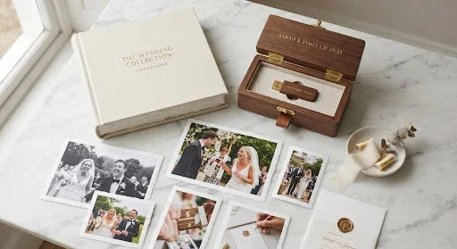 A top-down aesthetic shot of a luxury linen wedding album, a handcrafted wooden USB box with gold detailing, and several fine art prints spread out on a marble surface. The lighting is soft and natural from a side window, highlighting the rich textures of the materials. The color palette is composed of creamy whites, warm wood tones, and subtle charcoal accents, maintaining a high-end editorial feel.