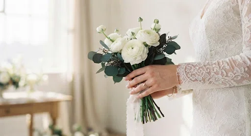 An artistic close-up of a bride's hands holding a delicate, minimalist bouquet of white ranunculus and dark eucalyptus leaves. The setting is a bright, sun-drenched studio with soft, ethereal light-mode lighting. The composition is clean and focused, highlighting the intricate lace details of the wedding dress cuff against the organic textures of the flowers, evoking a mood of serene anticipation.