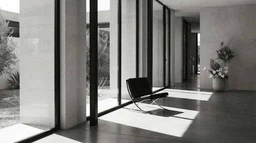 A minimalist architectural shot of a modern wedding venue featuring large glass panels and concrete surfaces. A single designer chair sits in a pool of sharp, high-contrast sunlight and deep shadows. The color palette is strictly monochromatic with charcoal and off-white tones. The mood is calm, artistic, and avant-garde, emphasizing the geometric beauty of the space in a high-end magazine editorial style.