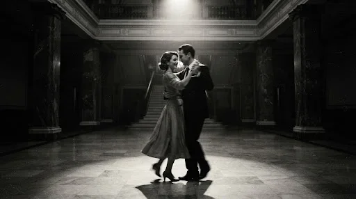 A romantic, grainy black and white photograph of a couple dancing in an empty marble ballroom. Their figures are slightly blurred to suggest movement and emotion. The lighting is low and moody, with a spotlight effect on their embrace. The style is classic archival photography, reminiscent of 1950s French cinema, emphasizing raw emotion and timeless elegance over technical perfection.