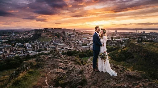 A breathtaking full-width landscape photograph of a couple standing on the summit of Arthur's Seat at sunset. The entire city of Edinburgh is spread out below them, bathed in the golden, orange, and purple hues of the setting sun. The composition is expansive and epic, capturing the rugged natural beauty of the Scottish landscape combined with the urban silhouette of the historic city.