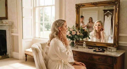 An intimate, indoor portrait of a bride getting ready in a sun-drenched room at Glenbervie House. She is looking in an ornate gold mirror, her reflection capturing a moment of quiet reflection. The room is filled with soft, directional light that highlights the fine details of her silk robe and the vintage decor. The aesthetic is warm, cream-toned, and profoundly elegant.