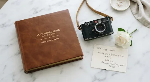 A minimalist overhead shot of a premium, leather-bound wedding album and a classic film camera on a white marble surface. Beside them is a single white rose and a handwritten note. The composition is clean and organized, representing the attention to detail and high-end service of Alexander Noir Photography. The lighting is bright and crisp.