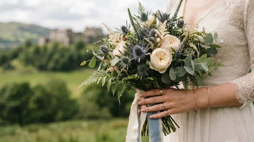 A candid, high-fashion close-up of a wedding bouquet featuring local Scottish thistles and cream roses, held by a bride whose hands are adorned with delicate heirloom jewelry. The background is a blurred tapestry of Stirling's lush green hills. The lighting is soft and natural, emphasizing the fine details and the romantic, high-end editorial style of the photography.